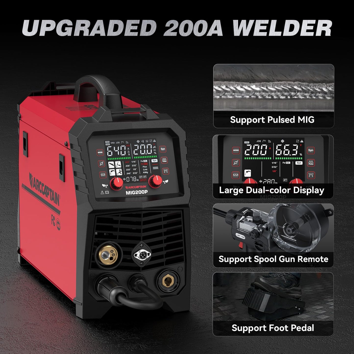 ARCCAPTAIN Pulse MIG Welder, 200A 7 In 1 Pulse MIG/Gas MIG/Flux Core MIG/Stick/Lift TIG/Spot Welding/Spool Gun 110V 220V Aluminum Welding Thin Sheet Metal Welding Machine with LED Digital Display