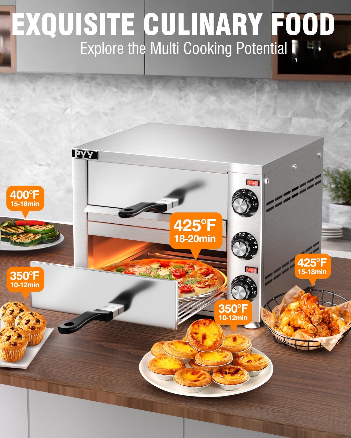 PYY Commercial Pizza Oven -12 Inch Double Decker Pizza Ovens 2-Layers Countertop Pizza Cooker Electric Indoor with Timer Stainless Steel Pizza Maker for Party Restaurant Home, Silver