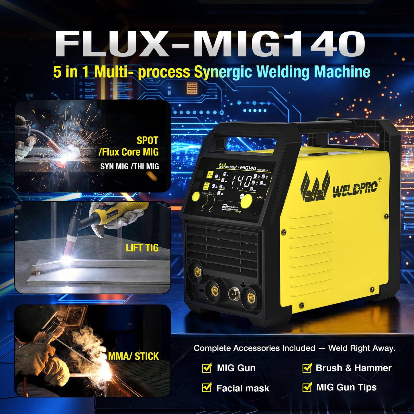 WELDPRO 140A MIG Welder 110/220V, 2026 Newest 5-in-1 Flux Core Welder, Synergic/Thickness Gasless MIG/Lift TIG/MMA/Spot Welding Machine, IGBT Inverter Welder with Large LED Digital Display, 2T/4T
