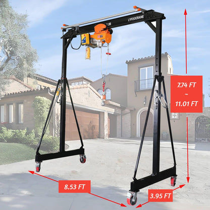 Electrical Gantry Crane 2000 LBS - 8.53 FT Wide，Adjustatable Crane with Electrical Hoist, Garage Crane 1T with Manual Hoist, Trolley, Scale, Sling, Shackle, Hook, Hammerlock Coupling (8.5 FT Width)