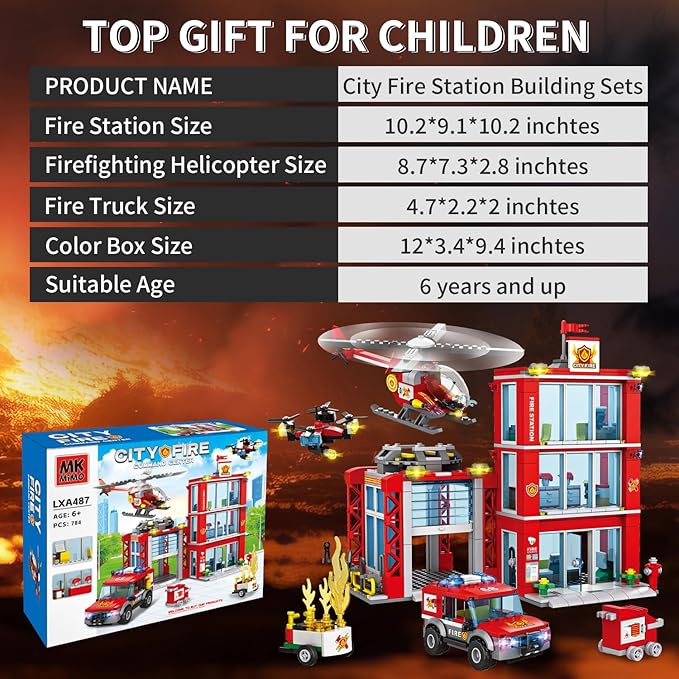 City Fire Station Building Kit Compatible with Lego Fire Rescue Building Blocks Includes Fire Station Fire Truck Fire Helicopter and Drone Toy Set Gift for Kids Boys Girls Age 6-12（784 PCS）