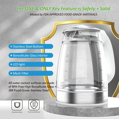 NISVITU Glass & Stainless Steel Cordless Electric kettle for boiling water, Hot water boiler Electric Tea Kettle automatic shut off Boil-Dry Protection, PC Outer + Glass Inner, 1500W, 1.7L, WH
