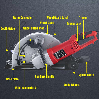 Steel Force KPC 3551 Portable 14" Wet/Dry Electric Corded Circular Concrete Saw/Power Angle Cutter 2600W w/Water Line & Guide Roller (With Blade)