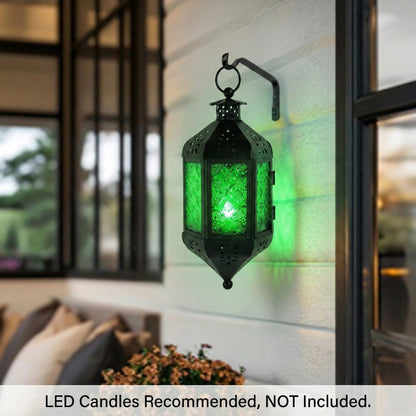 Vela Lanterns Hanging Moroccan Lamp - Exotic Decorative Patio & Porch Decor, Indoor Outdoor Tea Light Candle Lantern Holder with Chain (11" Medium, Green Glass, 2-Pack)