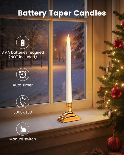 SURAIELEC 10.5'' Battery Window Taper Candles with Timer, 3000K Warm White, Flameless LED Candle for Christmas Window, Mantel, Dining Table, Gloss Gold, 4 Pack (Rechargeable Battery Not Compatible)