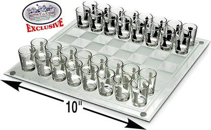Matty's Toy Stop Small Shot Glass Chess Set Drinking Game Set (10 x 10) with Plastic Shot Glasses (1.5) and Glass Game Board - Drunken Chess