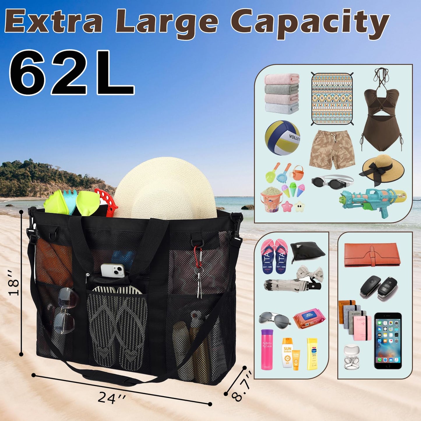Fammart Extra Large Mesh Beach Bag for Family, Pool Travel Tote Bag with Zipper Closure, 10 Pockets, Sandproof Bottom