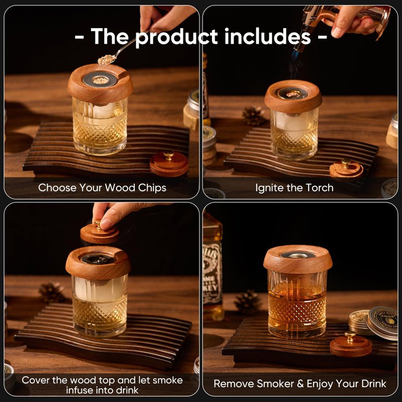 VYRONALEN Whiskey Smoker Kit with Torch, 6 Wood Chip Flavors, 2 Heavy Whiskey Glasses, 2 Ice Ball Molds, Cocktail Smoker Kit for Old Fashioned, Bourbon & Drinks, Gift Set for Men, Father (No Butane)