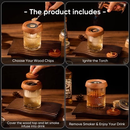 VYRONALEN Whiskey Smoker Kit with Torch, 6 Wood Chip Flavors, 2 Heavy Whiskey Glasses, 2 Ice Ball Molds, Cocktail Smoker Kit for Old Fashioned, Bourbon & Drinks, Gift Set for Men, Father (No Butane)