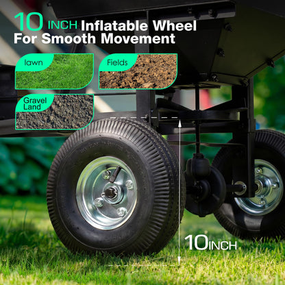 Suchtale Tow-Behind Broadcast Spreader, 130 lbs Capacity, Heavy Duty Fertilizer and Seed Spreader with Adjustable Flow Control Lever,10" Pneumatic Tires, Durable Metal Hopper for Various Terrain Type