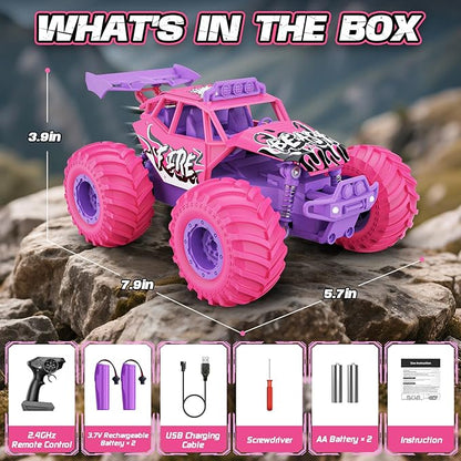 Remote Control Car All Terrain RC Cars with Speed Switch RC Truck with LED Headlight and Rechargeable Batteries 20KM/H Monster Truck Toys Gift for Girls Age 6-8 8-12 Pink