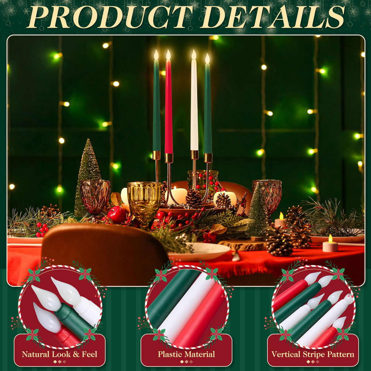 Baquler 6 Pcs 11'' Christmas Flameless Taper Candles Green Red White Battery Operated Candles LED Plastic Flickering Candlesticks for Christmas Wedding Church Dinner Home Decor