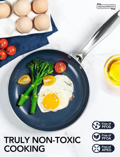 MICHELANGELO Small Frying Pan - 8 Inch Nonstick Frying Pan with Lid, Non-Toxic Omelette Pan with Stainless Handle, Nonstick Skillet, Blue-Ceramic