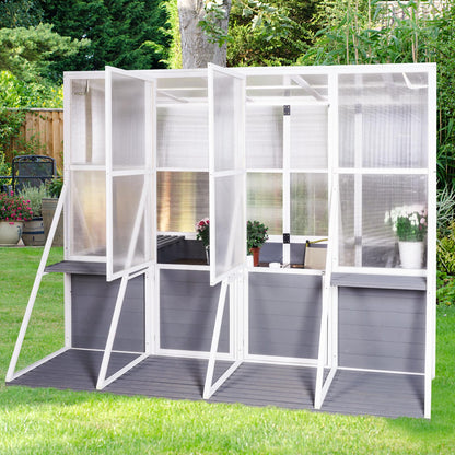 KEIKI Outdoor Polycarbonate Greenhouse Wooden Lean to Greenhouses, Heavy Duty Walk-in Green House w/ Triangular Support, Adjustable Roof & Shelves, Large Hot House for Sunroom Storage Shed, Garden