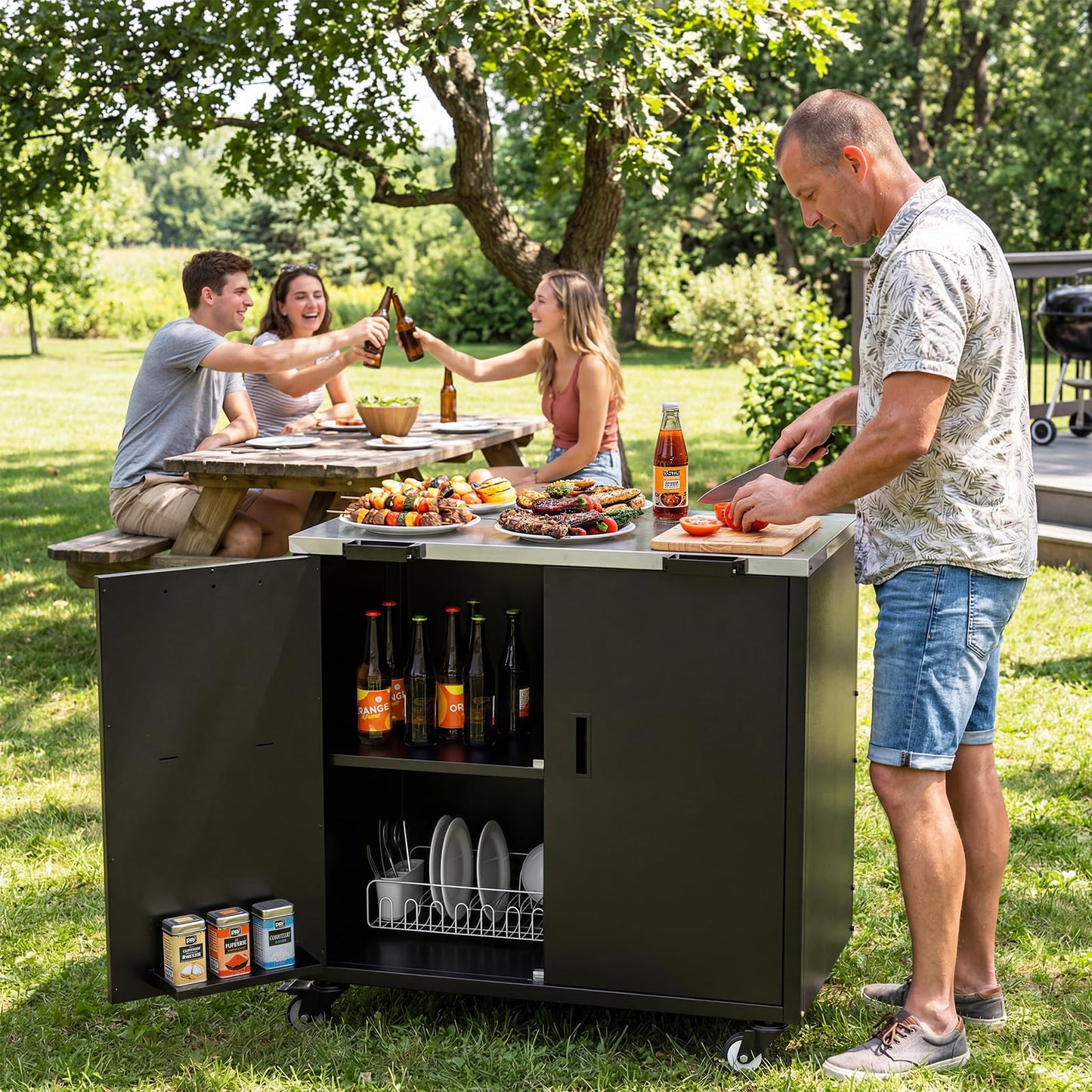 ADREAK Outdoor Grill Table, Movable Grill Cart with Door, Outdoor Grill Stand with Large Capacity ＆ Hooks, 2 Tier Pizza Oven Table for Outdoor Use