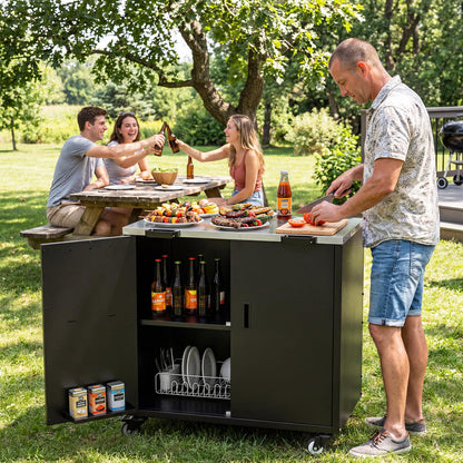 ADREAK Outdoor Grill Table, Movable Grill Cart with Door, Outdoor Grill Stand with Large Capacity ＆ Hooks, 2 Tier Pizza Oven Table for Outdoor Use