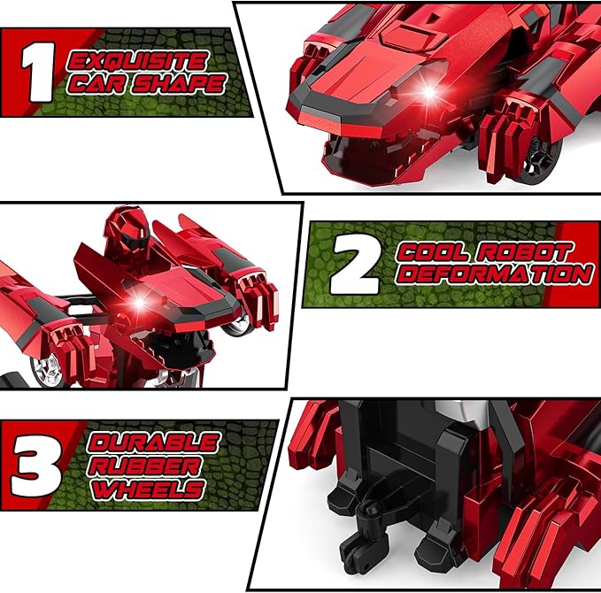 Dinosaur Transform Rc Cars 2.4Ghz Remote Control Car Transforming Robot with Flashing Light 360° Rotation One Button Deformation Car Toy Gifts for Boys Age 4-7 8-12