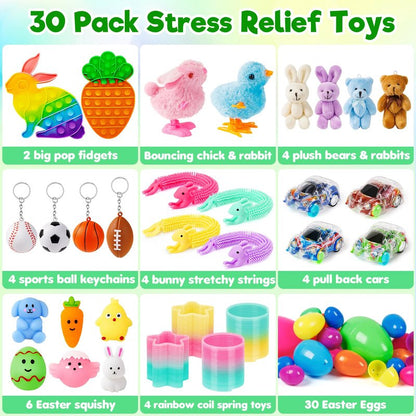 Jumlys 30 Pack Prefilled Easter Eggs with Toys, Mix 4 Sizes Surprise Plastic Easter Eggs with Toys Inside, Perfect for Easter Egg Hunt , Basket Stuffers and Party Favors