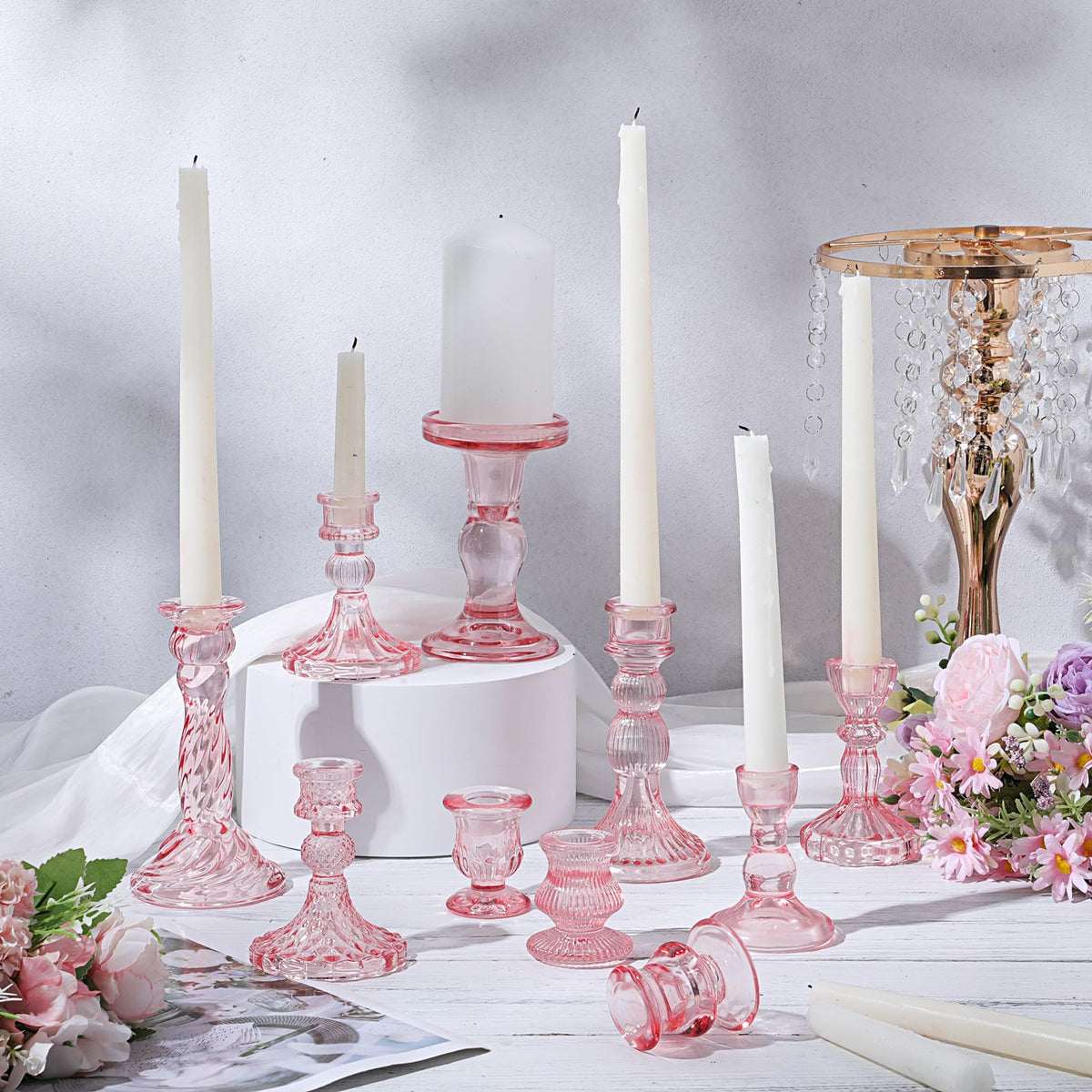 Mumufy 20 Pcs Glass Crystal Taper Candle Holders Clear Glass Candlestick Holder Fit 0.8 Inch Candles Crystal Decorative Candle Stand Centerpiece Table Wedding Dining Party(Pink)