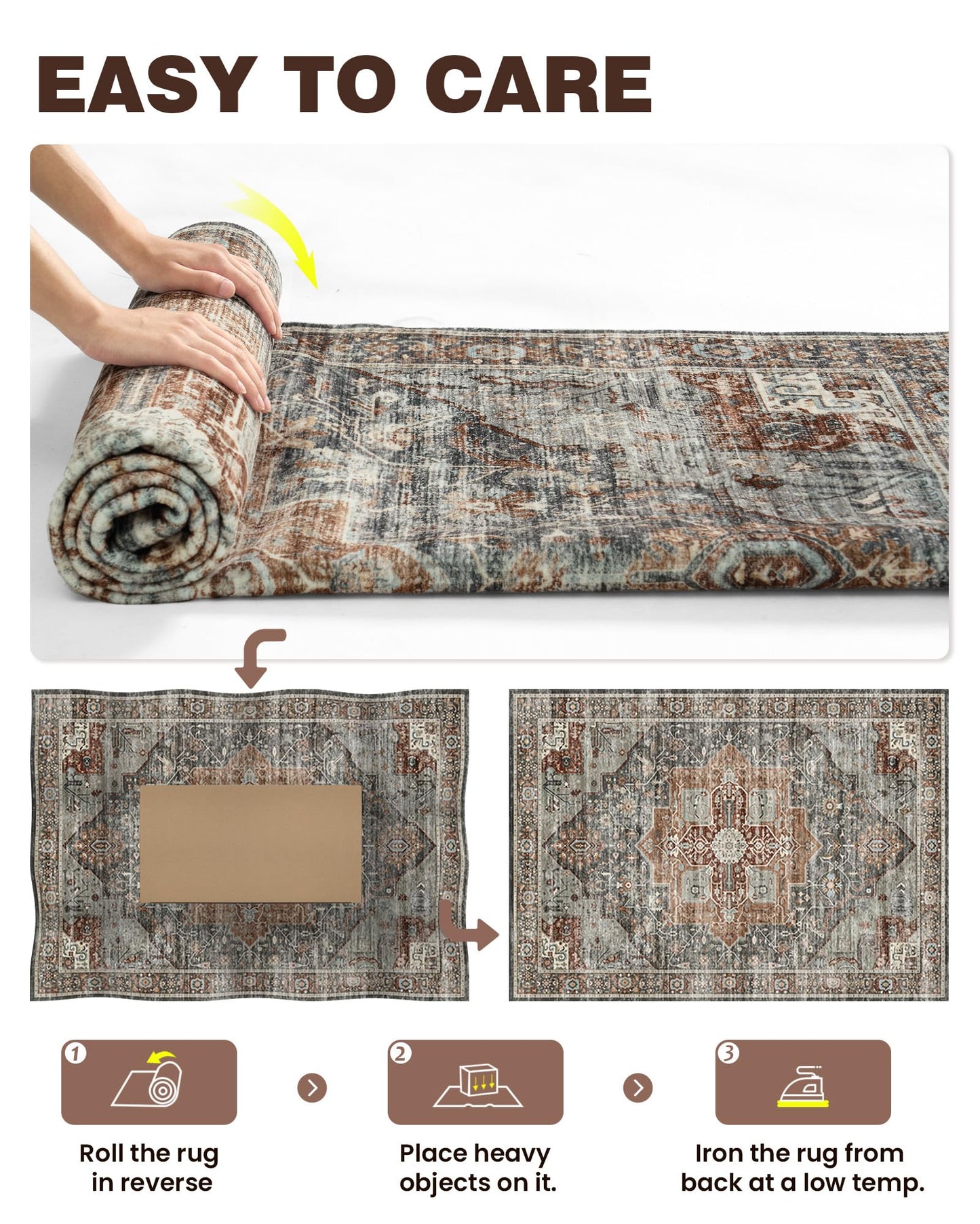 Roxstand 5x7 Area Rugs, Stain Resistant Machine Washable Area Rugs with Non-Slip Backing, Vintage Rugs for Bedroom, Living Room, Large Soft Low Pile Area Rug (Grey/Brown/Tan, 5'x7')