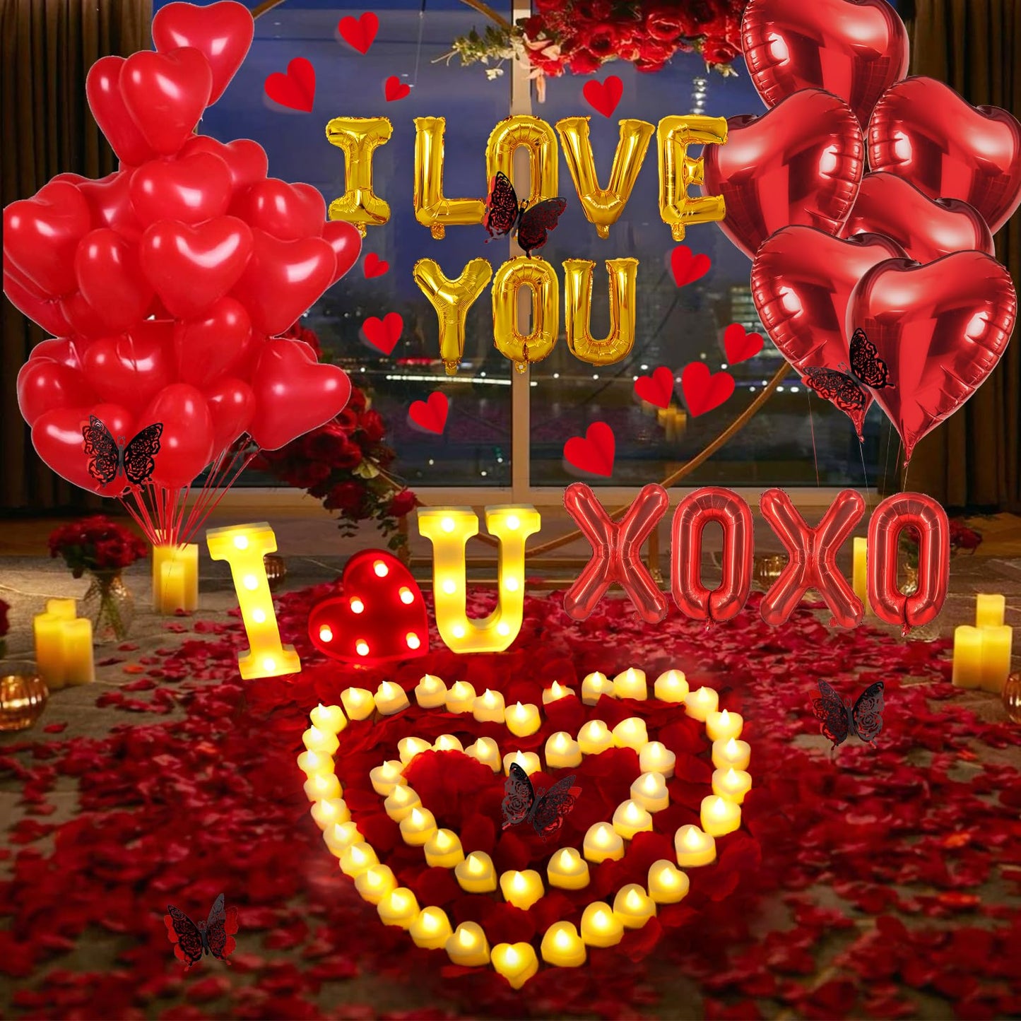 fulasiteu 6347pcs Romantic Rose Petals & Candles Set - 'I LOVE YOU' Letters, 6000 Rose Petals, 48 Heart Candles, Balloons & Decorations for Anniversary, Valentine's Day, Proposal