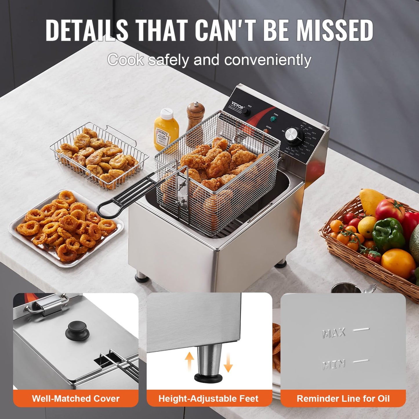 VEVOR Commercial Deep Fryer, 1750W Electric Countertop Fryer with Basket & Height-Adjustable Feet, 12Qt / 11.5L Stainless Steel Single Oil Fryer, Temp Control, Overheat Protection, for Restaurant Use