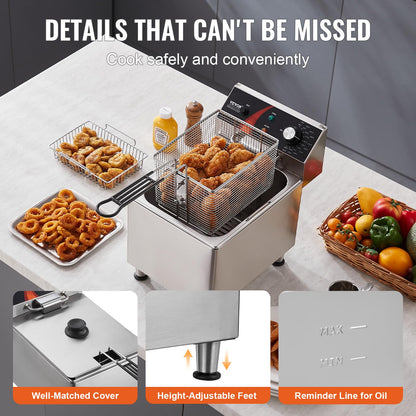 VEVOR Commercial Deep Fryer, 1750W Electric Countertop Fryer with Basket & Height-Adjustable Feet, 12Qt / 11.5L Stainless Steel Single Oil Fryer, Temp Control, Overheat Protection, for Restaurant Use
