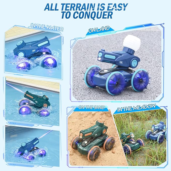 3-in-1 Remote Control Car RC Boat &amp Water Gun - Amphibious RC Car for Land &amp Water Adjustable Speed Waterproof Perfect Valentines Birhtday Gifts for Kids-Green