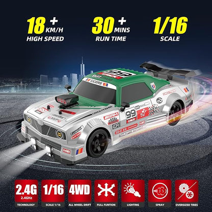 RC Drift Car with Spray Remote Control Cars 1/16 2.4GHz 4WD Remote Control Drift Car Drifting RC Cars with LED Lights and Drifting Tires Toy for Adults Boys Kids