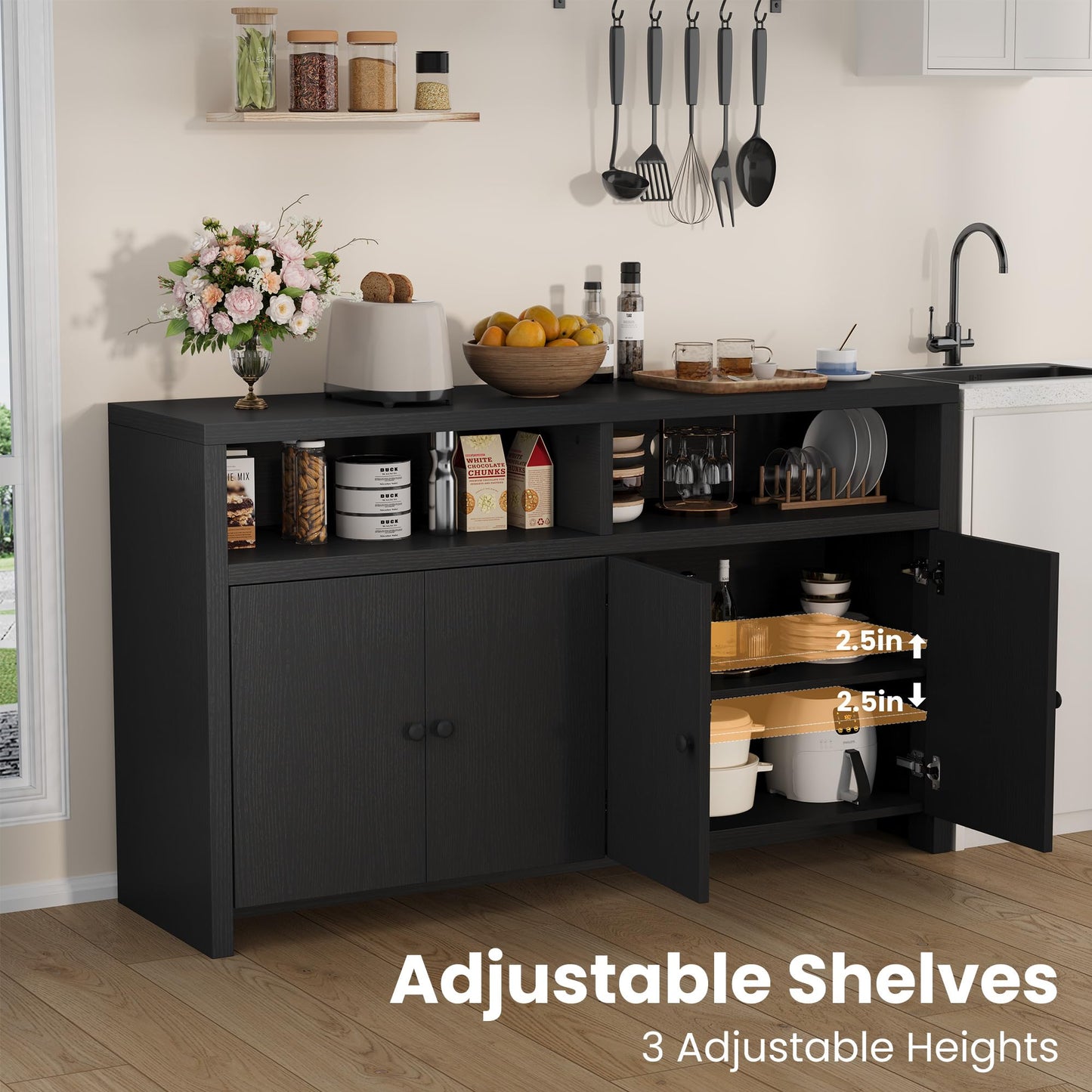 Garvee Buffet Sideboard with Storage, 4 Doors & Adjustable Shelves, 55'' Large Farmhouse Kitchen Storage Cabinet Wood Coffee Bar Cabinet for Kitchen, Dining Room, Entryway, Living Room, Black