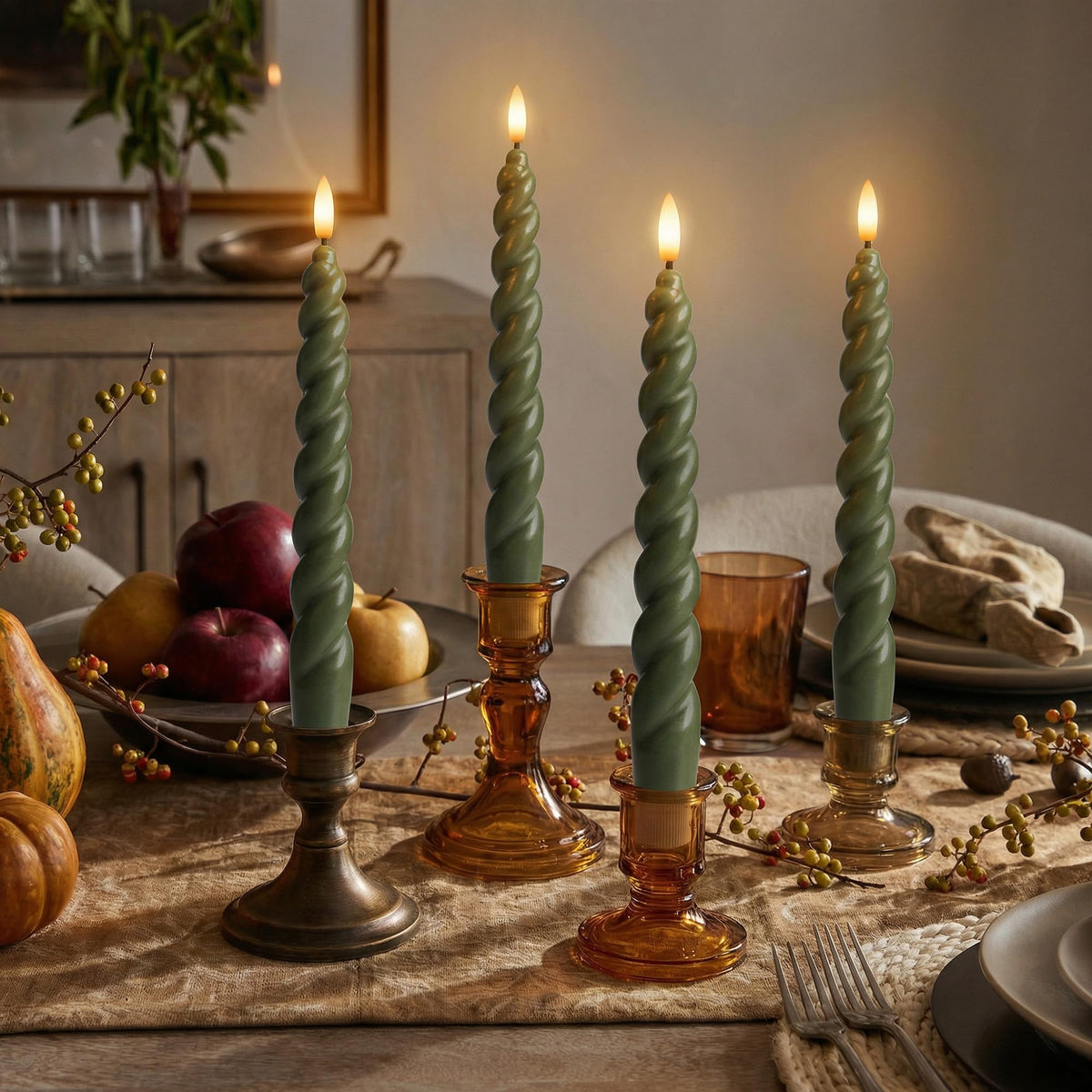 West Ivory Full Twisted Spiral Flameless LED Taper Candles – Loden Green, Set of 2 – 2/4/6/8-Hr Timer (24-Hr Memory), Remote, Dimmable, Bottom On/Off Button, Flicker/Steady, Battery Operated