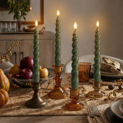 West Ivory Full Twisted Spiral Flameless LED Taper Candles – Loden Green, Set of 2 – 2/4/6/8-Hr Timer (24-Hr Memory), Remote, Dimmable, Bottom On/Off Button, Flicker/Steady, Battery Operated