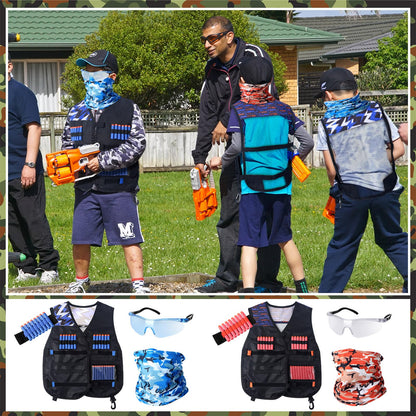Sosation 16 Sets Kids Tactical Vest Compatible with Nerf Party Favor Accessories, Face Mask Wrist Ammo Holder Toy Gift Supplies Boys (Orange and Blue)
