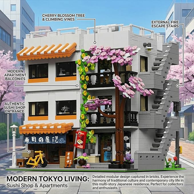 Japanese Apartment Building Street View Building Blocks Set - 3-Story Japan Cherry Blossom Architecture House with 5 Figures &amp LED Lights Christmas Bithday Gift for Aduls（3910PCS）