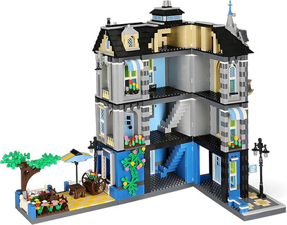 General Jim's 3-Story Victorian Townhouse &amp Garden Coffee Shop 2313-Piece Blue &amp Yellow Modular Building Blocks Set - MOC City Buildings - Great Gift for Brick Building Enthusiasts