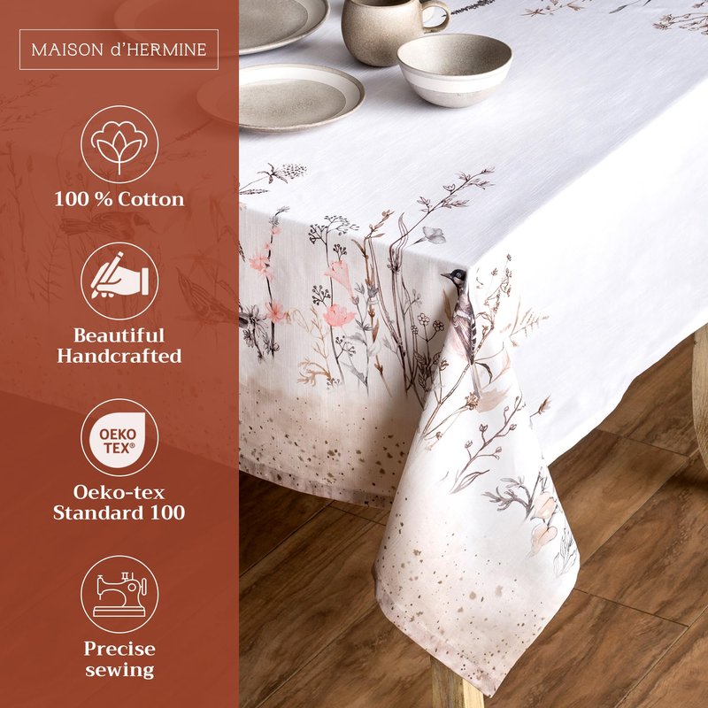Maison d' Hermine Table Cloth Rectangle Table 100% Cotton 70 x 108 Inches Tablecloth Reusable Decorative for Dining Kitchen Farmhouse Home Gifts for Mothers Day Spring Summer- Meadow Florals - Brown