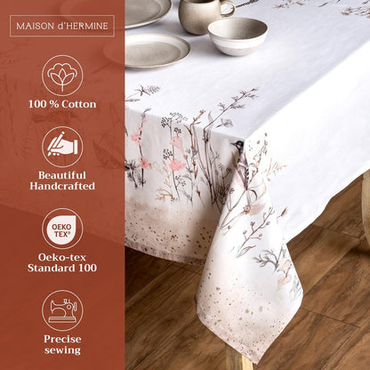 Maison d' Hermine Table Cloth Rectangle Table 100% Cotton 70 x 108 Inches Tablecloth Reusable Decorative for Dining Kitchen Farmhouse Home Gifts for Mothers Day Spring Summer- Meadow Florals - Brown