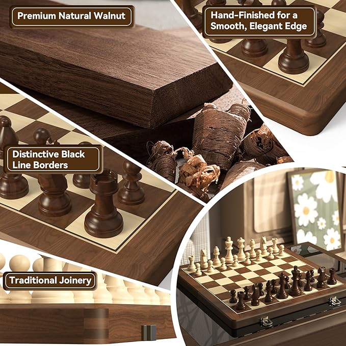 Premium Natural Walnut 15 Magnetic Wooden Folding Chess &amp Checkers Set- 2 in 1 Board Game with 3 King Staunton Pieces and 2 Extra Queens Checkers and Dust-Proof Storage Bag (Red)