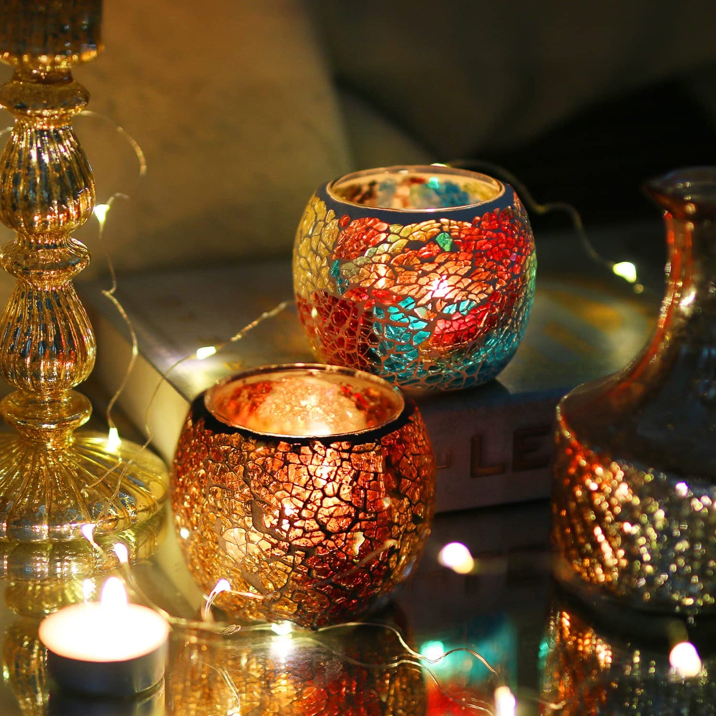 Votive Candle Holders for Table Centerpiece (NO Candles) Wedding Dinner by Candlelight,Tea Light Holders Mosaic Candle Holdes Candlescape Bowl for Valentine's,Christmas Party Decor 1 PC(Rainbow)