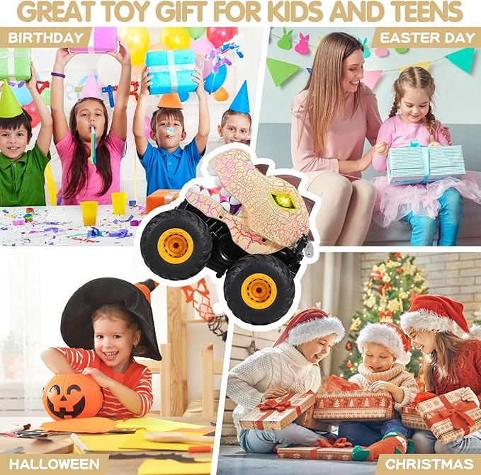 DYODYORC Remote Control Car 2.4Ghz All Terrain Dinosaur Monster Truck Toys RC Truck with Spay Music 3 Lighting Effects Stunt Capable Toy Gifts for Boys and Girls (Beige)