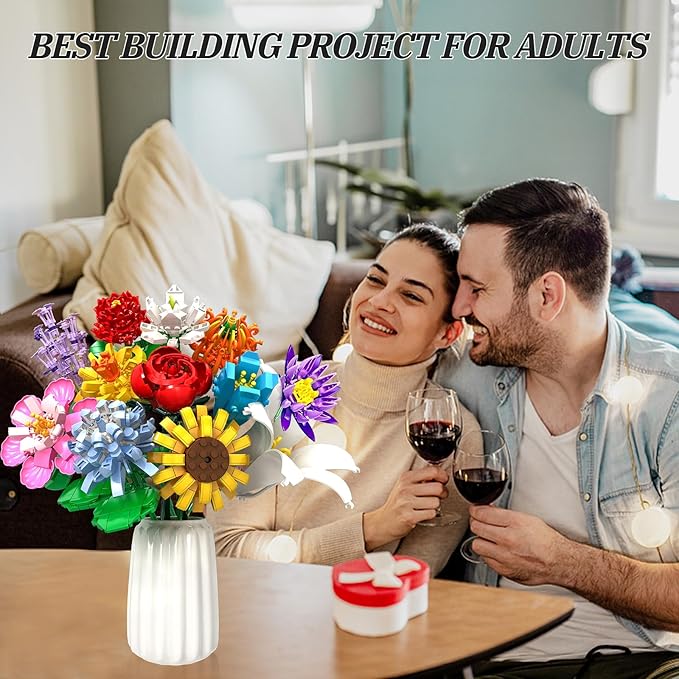 Flower Bouquet Building Set1009PCS Creative DIY Plant Bouquet Decoration12 Artificial Flowers Botanical for Adults Women Girls Ages 6+Idea Gifts for Mother's Day Valentine's Day No Vase