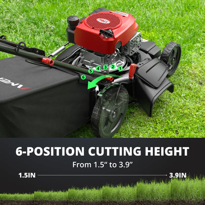 Amerisun 21" Self-Propelled Gas Lawn Mower, 170cc OHV Engine with Forced Air-Cooling, 3-in-1 System, Steel Deck, 6-Position Height Adjustment, Foldable Handle