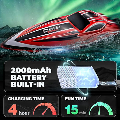 BEZGAR RC Boat 16 inch Big Brushless Remote Control Boat for Adults and Kids 55 KPH Large Fast RC Speed Boats with 2000mAh Battery Ideal Waterproof Toy Boats for Lakes - HJ818PRO Red (Pack of 2)