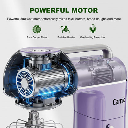 Camic Electric Stand Mixer,7.45 QT,10 Speeds with Dough Hook,Whisk, Flat Beater Attachments, Splash Guard, Easy-Carry Top Handle,3-IN-1 Kitchen Mixer for Baking Cakes Cookie Bread Salad (Purple)