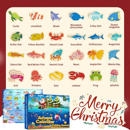 Skiennix Fishing Advent Calendar 2026 - 24-Day Wooden Countdown for Kids | Fun Marine Learning Gift
