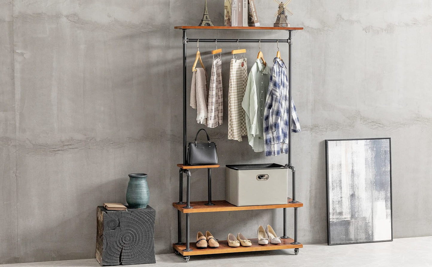 DOFURNILIM Industrial Clothing Rack, Pipe Style Rolling Garment Rack, Heavy Duty Steampunk Clothes Rack, Hall Tree on Wheels with Shelf and Shoes Storage for Home, Retail Store, Rustic Wood