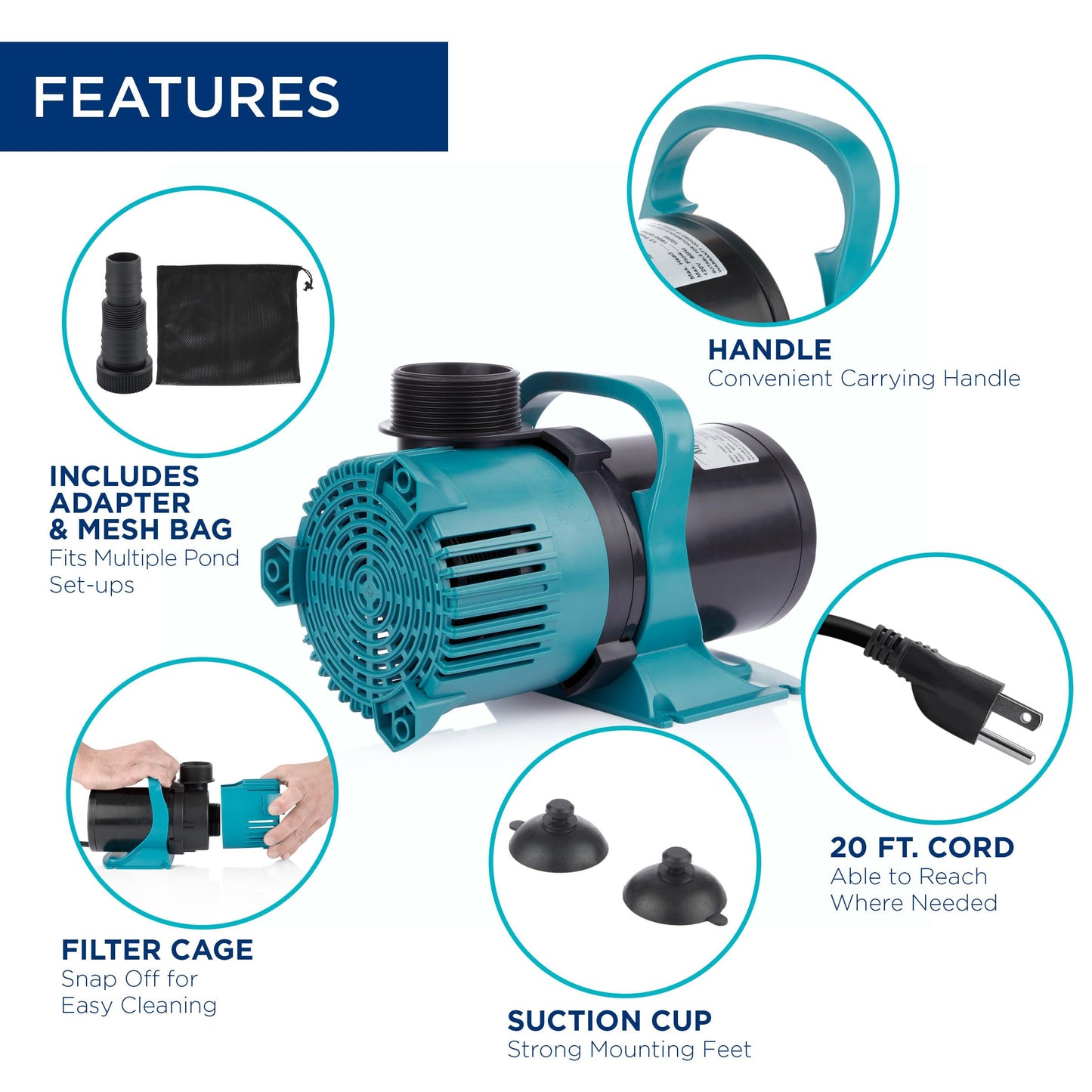 Alpine Corporation 4700 GPH Vortex Submersible Water Pump with 20 Ft Cord for Ponds, Fountains and Water Circulations, Quiet Operation Vertical/Horizontal, 18.5 Ft Lift 216 Watts, Black/Teal
