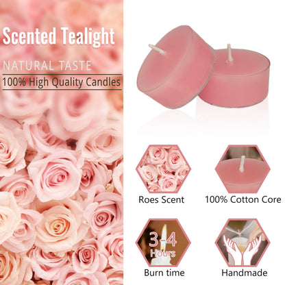 Pink Candles Tea Lights Smokeless Rose Scent Tealight Candles Handmade Tealights Set of 24 Long Burning for Wedding Meditation Dinner Home Decor