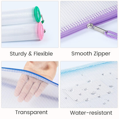 Sooez 24 Pack Mesh Zipper Pouch with Sticky Labels, A4 Mesh Bags, Sturdy Letter Size File Folders Organizer, Office School Classroom Supplies, Toy Storage Bag Board Game Puzzles Organization, Black