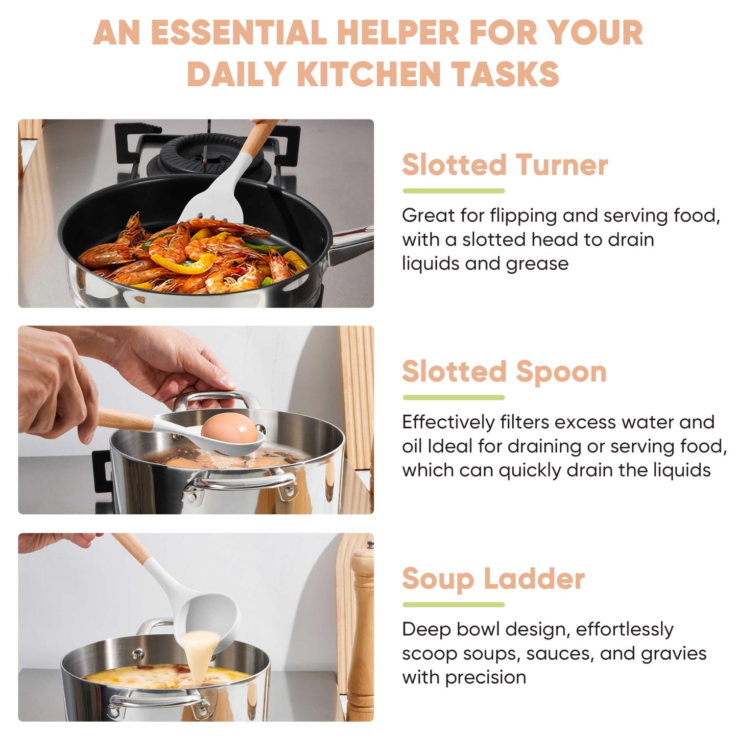 Herogo 8 Pcs Non-Stick Silicone Cooking Utensils Set with Wooden Handle, Heat Resistant Food-Grade Kitchen Utensils Set, Includes Spatula Spoon Turner Server Whisk Ladle for Baking, Cooking (White)